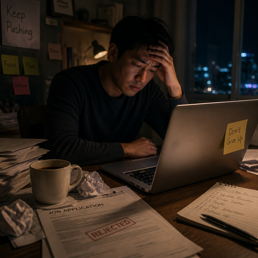 Stressed Asian job seeker sitting at a cluttered desk late at night staring at a laptop screen full of rejection emails with a tired frustrated expression