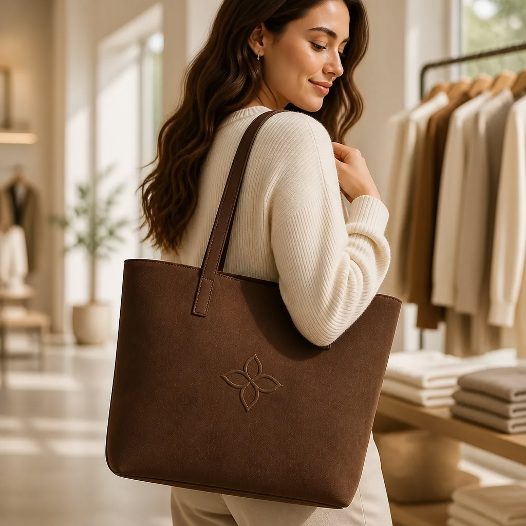 Candid lifestyle photo of a woman carrying the Everyday Tote Bag while walking through a bright minimal clothing boutique, soft interior lighting, relaxed shopping mood