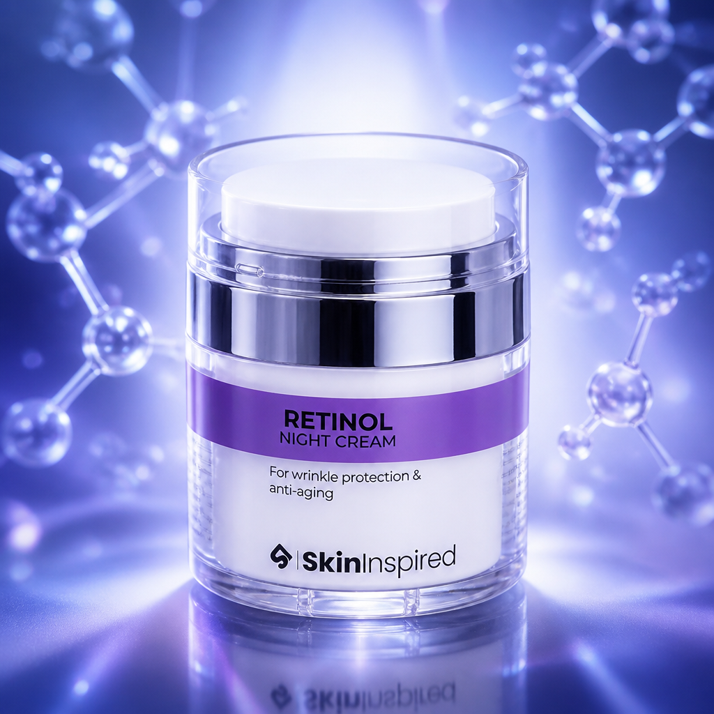 Abstract retinol molecule visualization with soft blue-purple gradient glow representing scientific mystery and breakthrough anti-aging technology, molecular structure floating in ethereal light