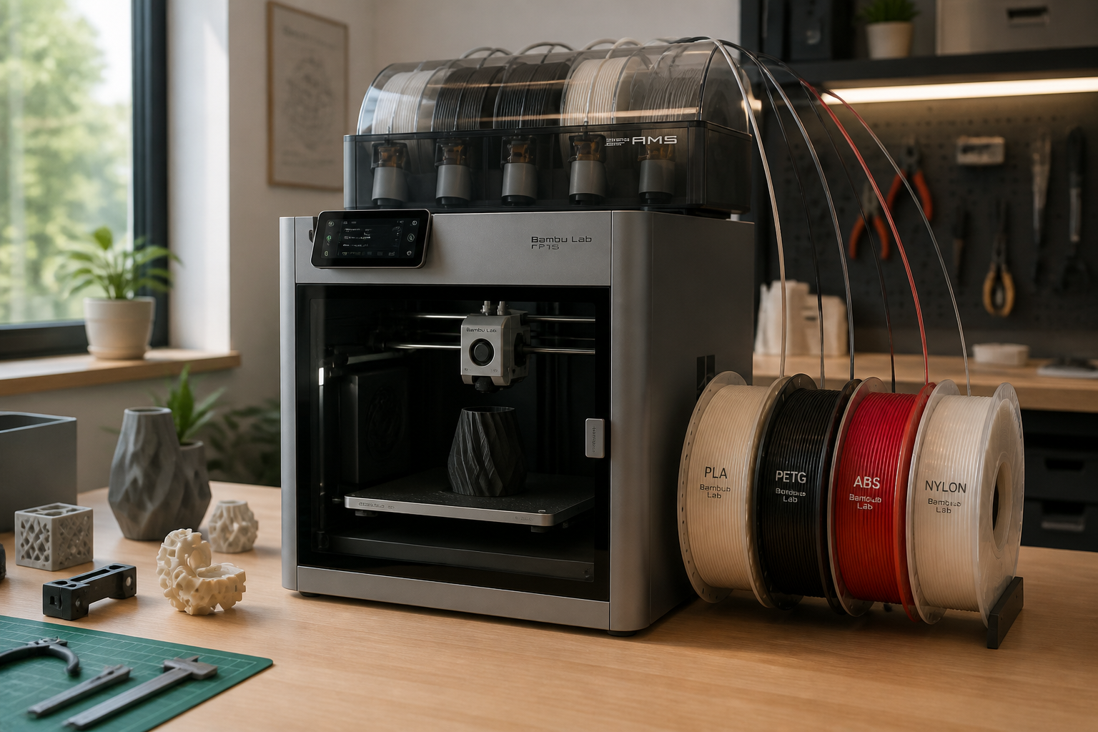 Lifestyle side view of the Bambu Printer with four filament spools &mdash; PLA in cream, PETG in black, ABS in red, Nylon in translucent white &mdash; mounted and feeding into the integrated material hub