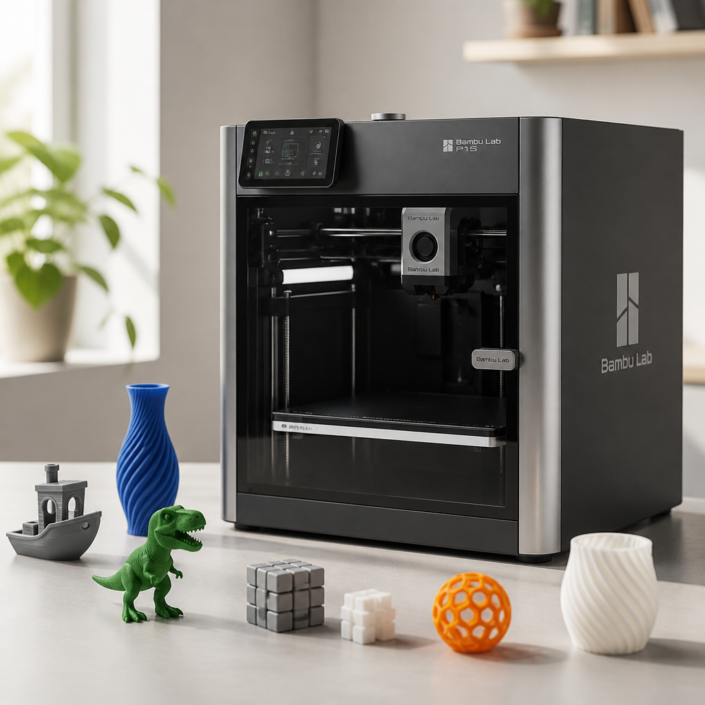 Clean professional product hero shot of the Bambu 3D printer on a neutral light surface showing the full device from a 3/4 angle with sample prints scattered beside it