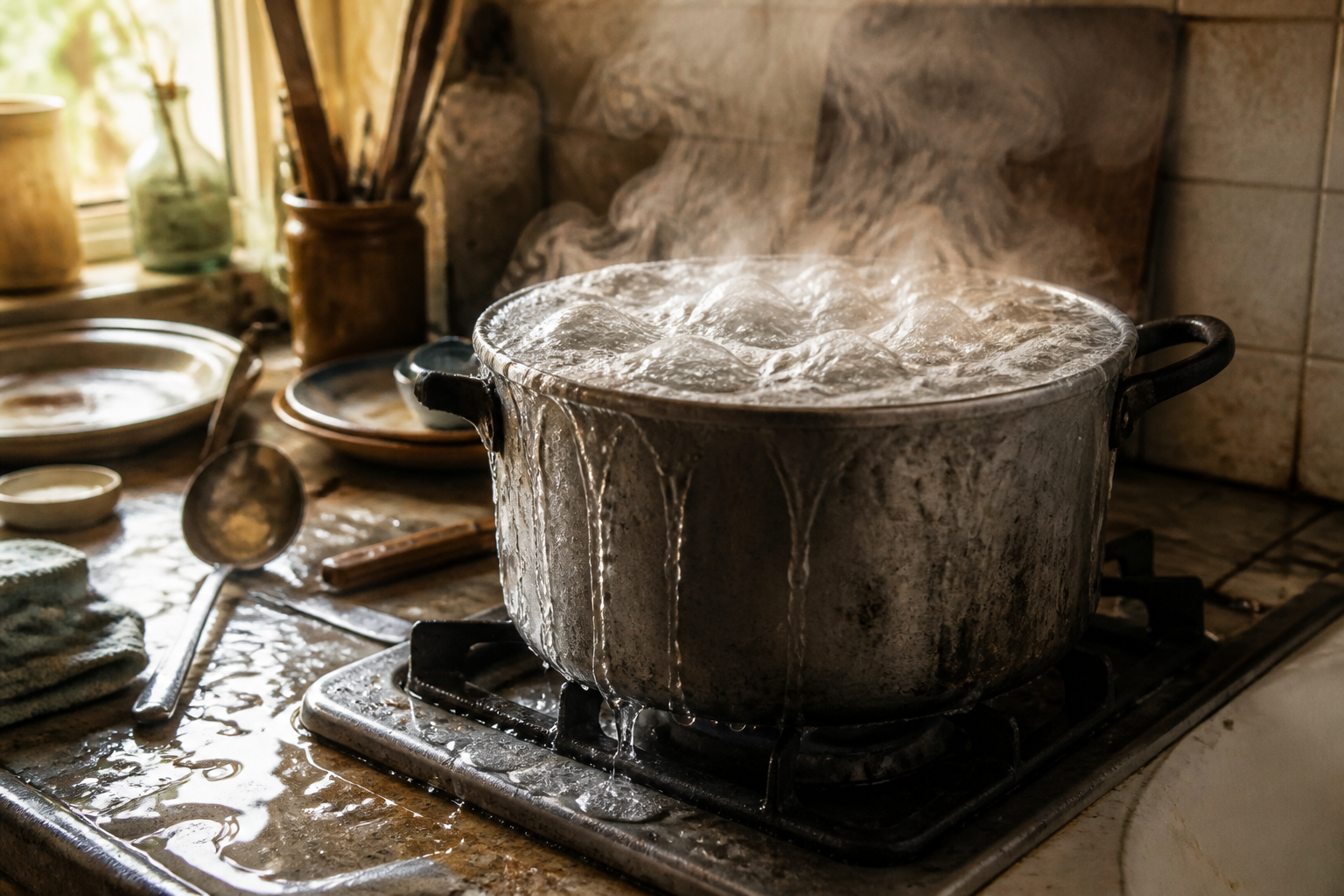 Old worn stovetop pot boiling over with steam hissing and water spilling onto a messy kitchen counter with a tired unbranded older pot without any branding visible