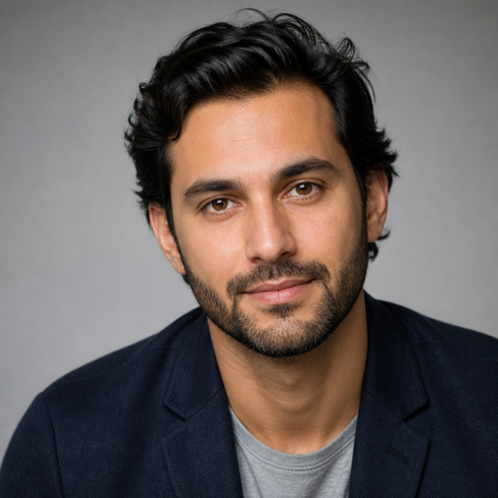 Close-up portrait of Dev Kapoor with a relaxed confident smile, soft studio lighting, professional headshot framing, neutral blurred background