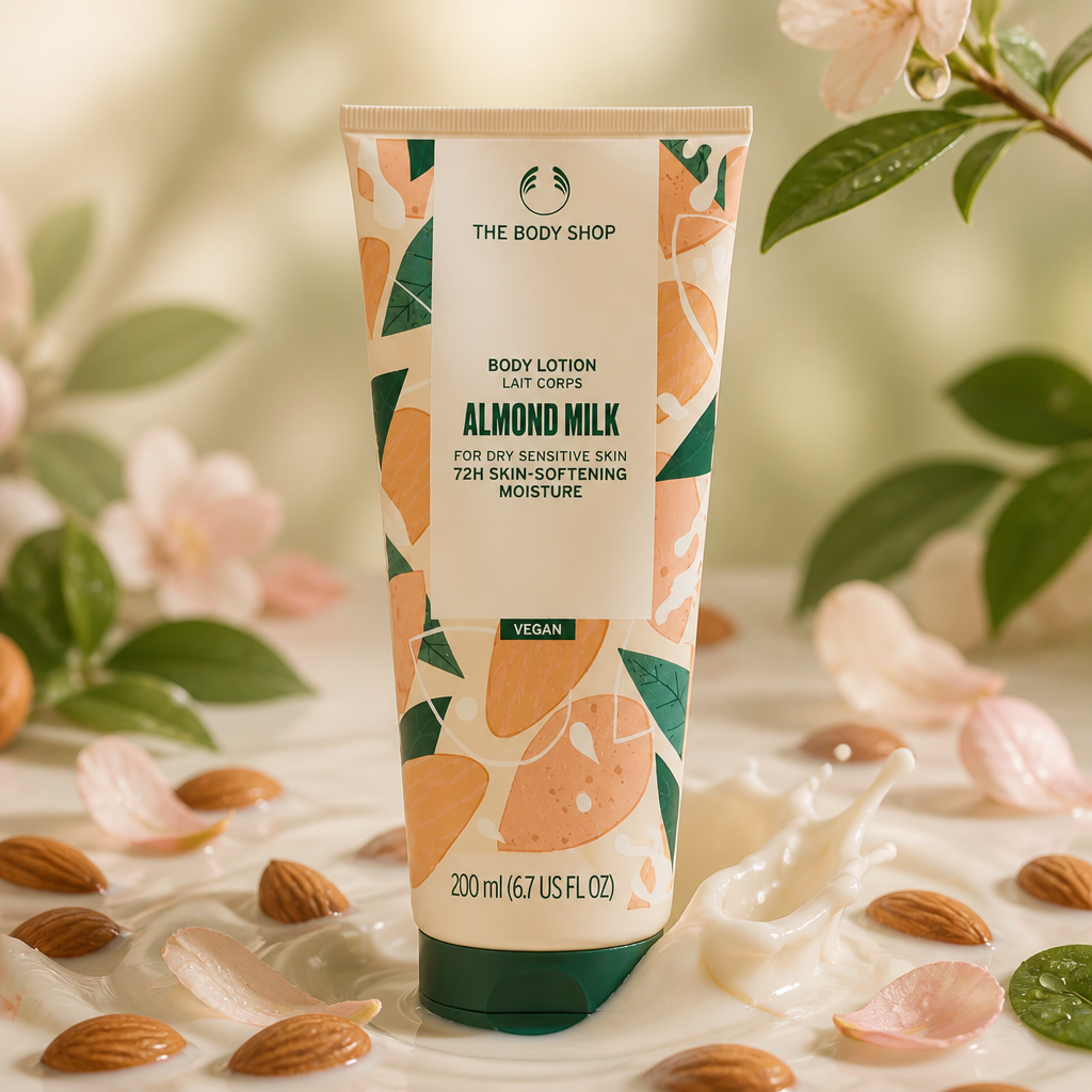 Lifestyle image of fresh organic almonds being pressed into creamy milk in soft natural light, surrounded by petals and dewy leaves, warm and gentle atmosphere