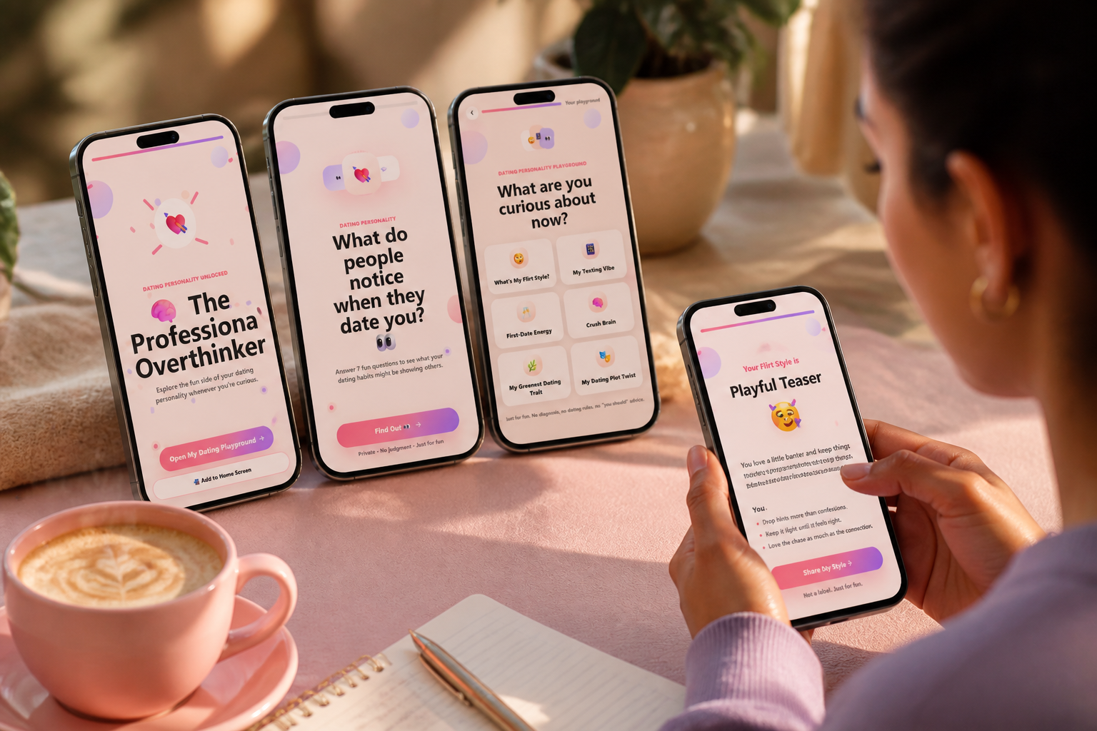 Digital download preview showing Relationship Quick-Start Guide as an elegant PDF mockup with pink and coral accent colors, displaying chapter icons and checkmark badges