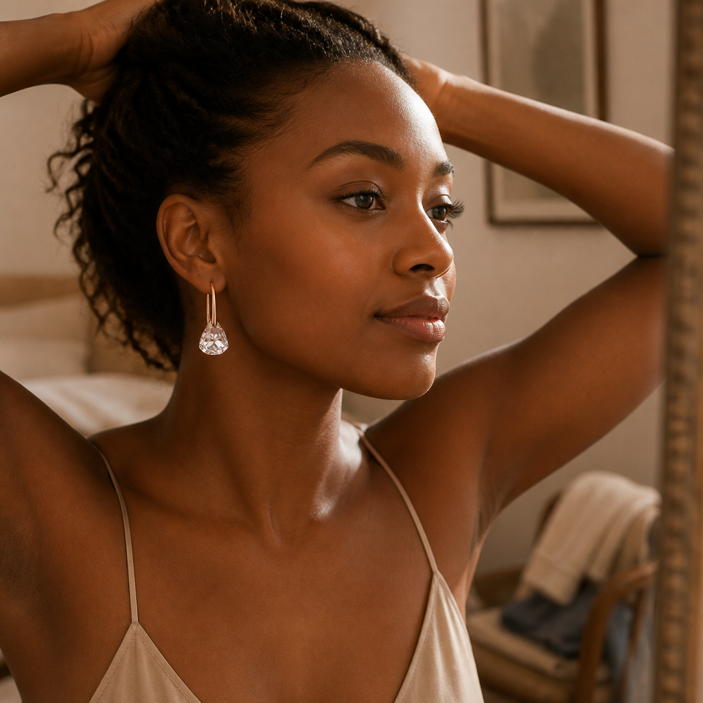 Lifestyle photograph of an African woman in soft morning light tying her hair up in a mirror, pink Lunar drop earrings softly visible at her ears, intimate bedroom scene with warm beige tones