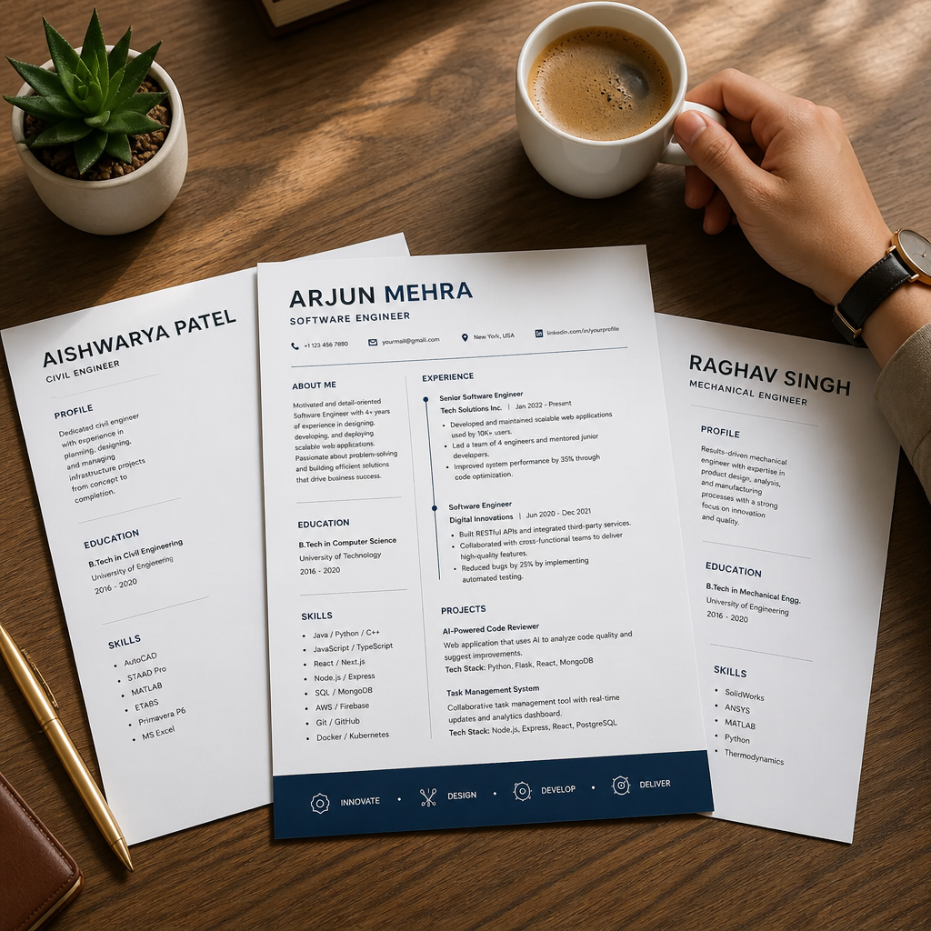 Overhead flatlay of three polished resume mockups elegantly spread on a stylish wooden desk with a coffee cup, brass pen, and a small succulent plant