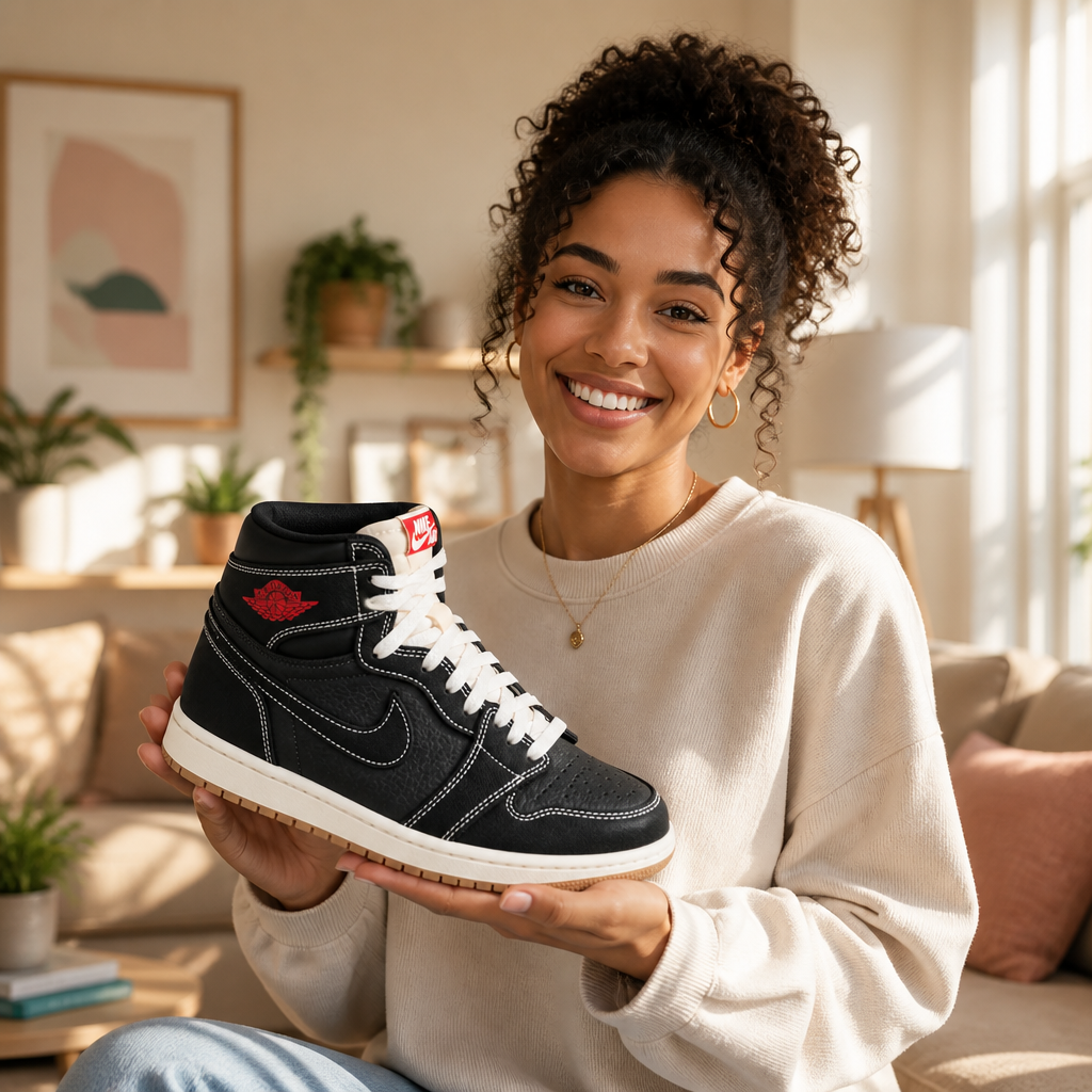 Bright cinematic hero shot of a confident modern shopper smiling while holding the Test gateway type product in a sunlit living room with soft pastel decor