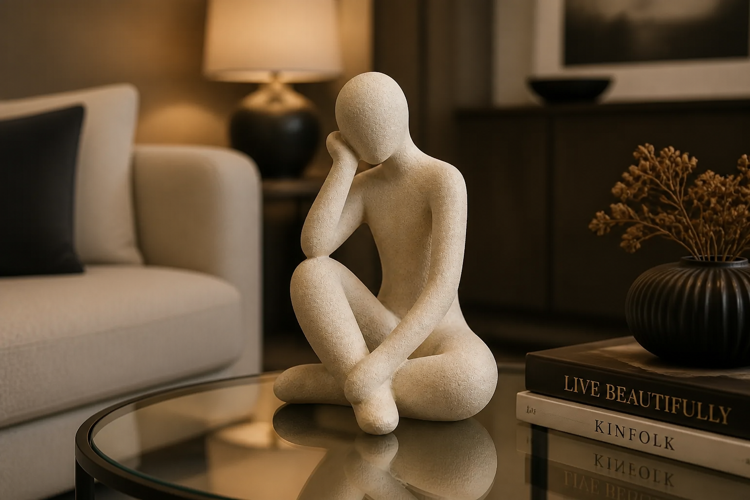 Elegant modern living room featuring the Abstract Thought Thinker Accent resin art piece as the centerpiece on a glass coffee table, surrounded by warm ambient lighting and tasteful decor