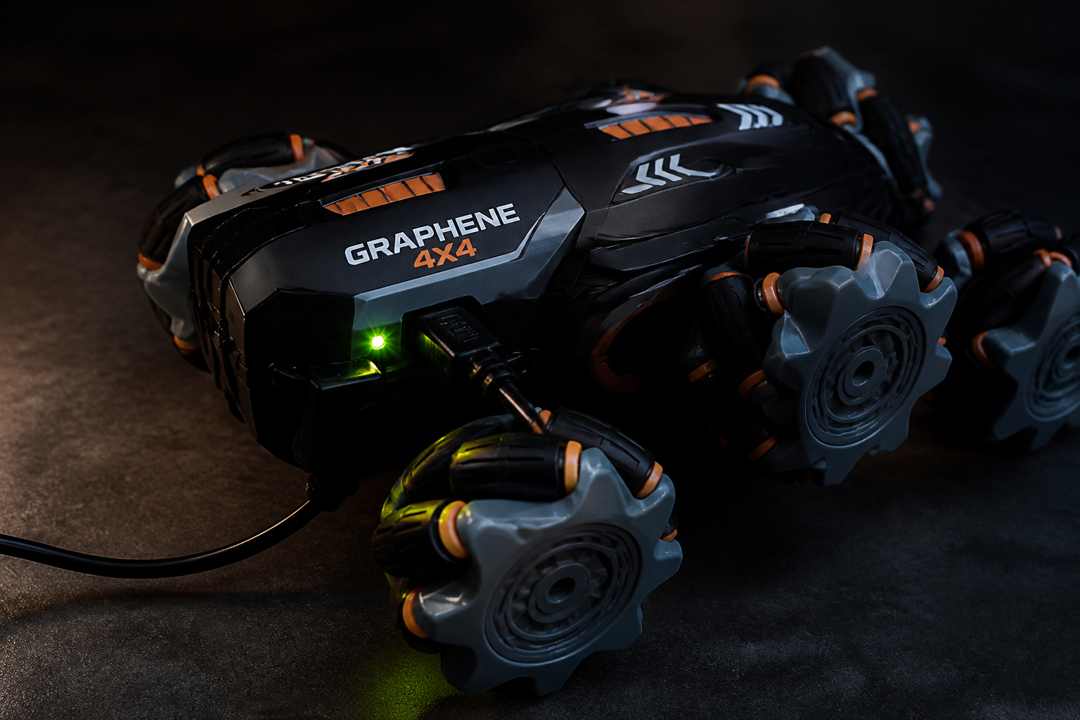 Close-up of a GRAPHENE 4X4 car being charged via USB cable with a glowing green battery indicator light on the body, dark moody product photography