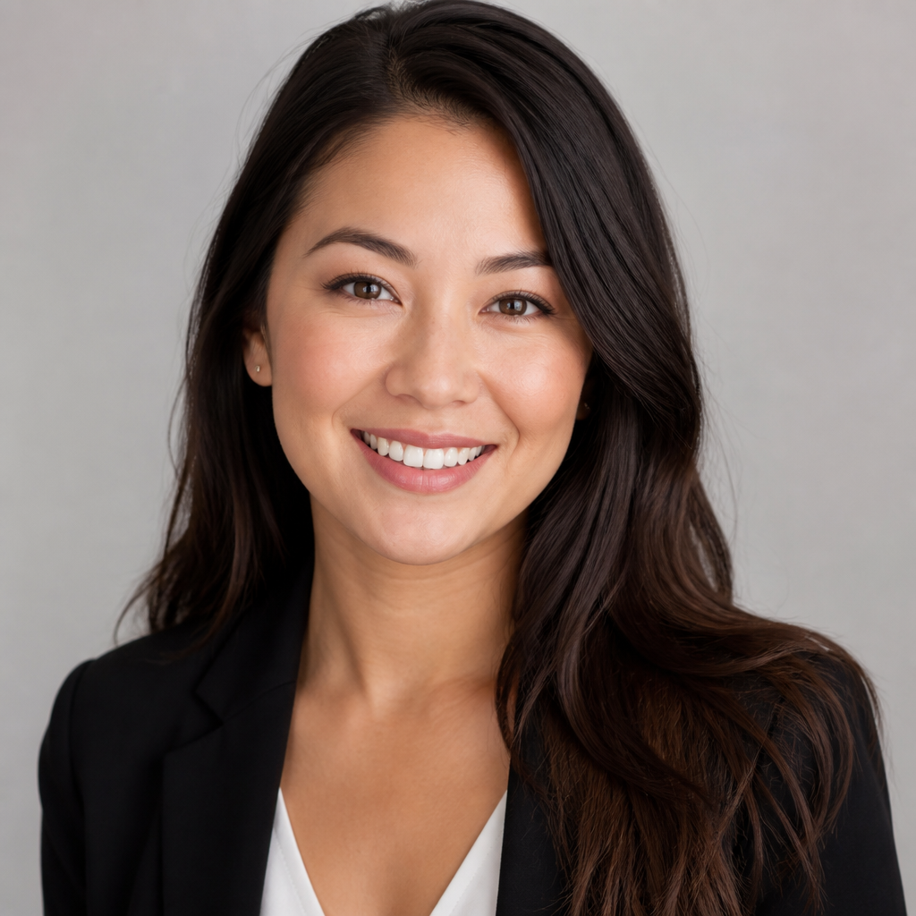 Friendly East Asian woman with shoulder-length black hair, gentle smile, soft indoor window light, warm neutral backdrop, lifestyle testimonial portrait