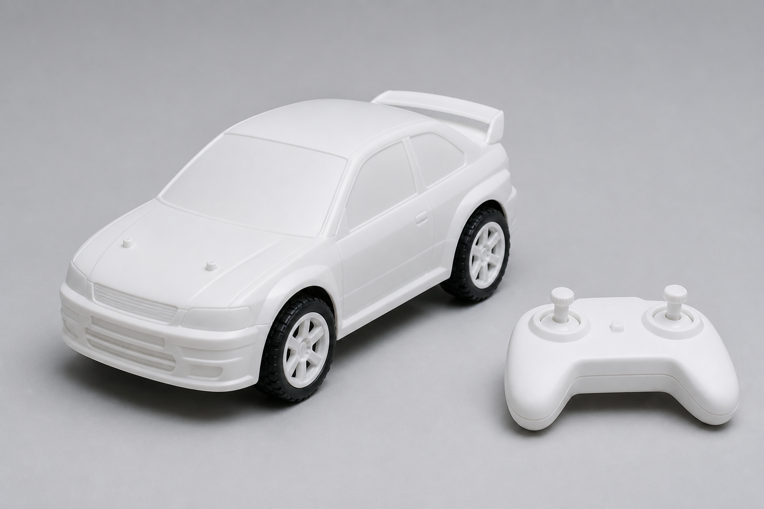 Side-by-side comparison: a plain unbranded generic plastic toy RC car with no logos on a neutral background, used as the inferior comparison