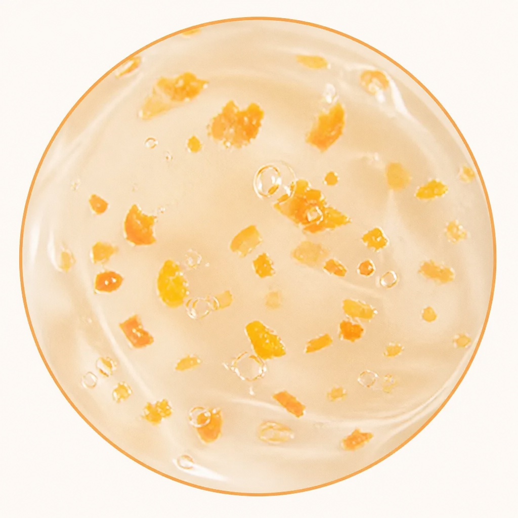 Macro circular icon showing step one with soft orange peel particles