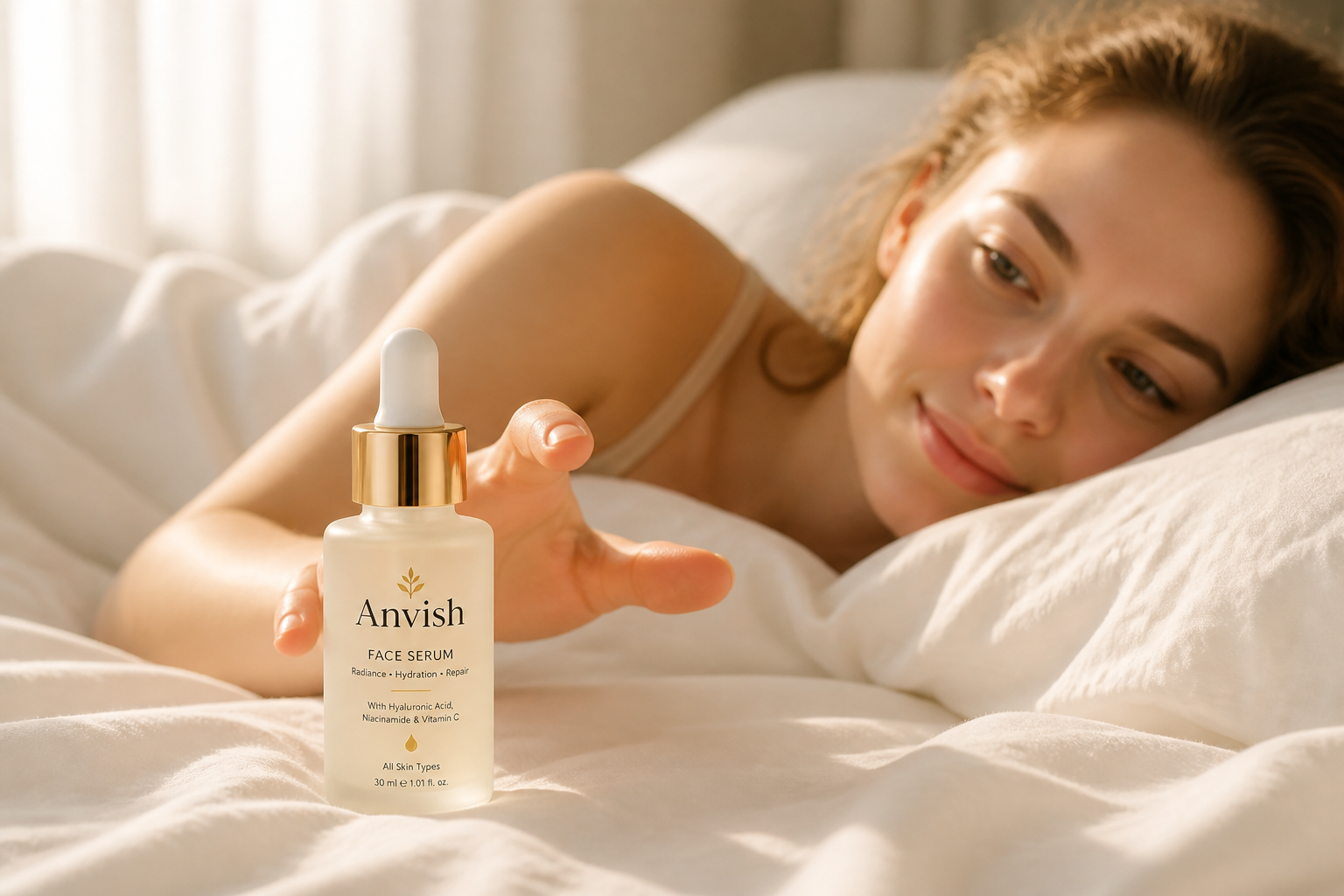 Beauty editorial shot of a woman with glowing skin waking up in soft white sheets, morning sunlight pouring through sheer curtains, golden warm light, soft serene mood, premium skincare advertising style