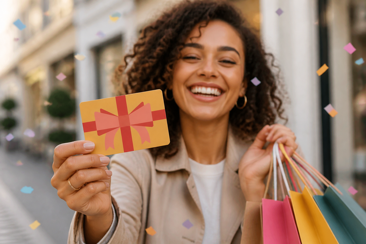 Ecstatically happy gift recipient holding shopping bags with a big genuine smile, confetti around them, celebratory mood