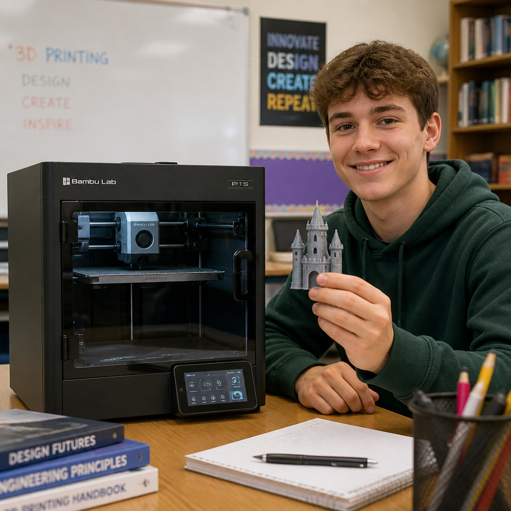 High school student at a classroom desk proudly holding a small 3D printed model beside the Bambu printer under bright classroom lighting
