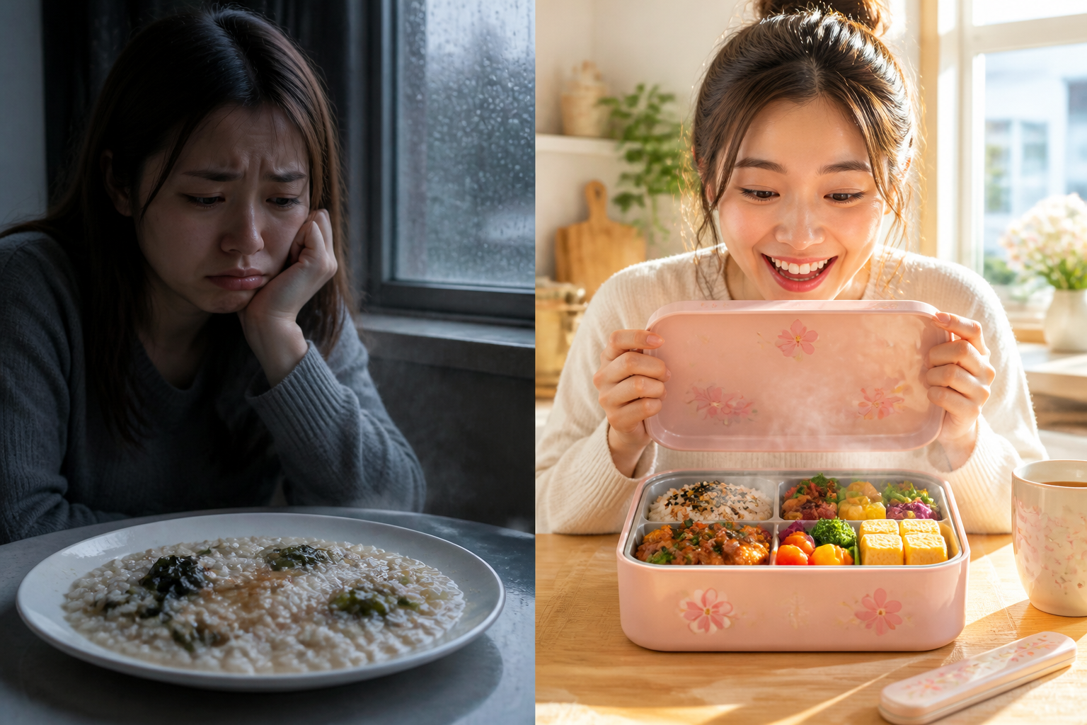 Bright cinematic split-screen showing a sad cold spilled lunch on the left and a happy person opening a colorful steaming bento box on the right with hope in their eyes