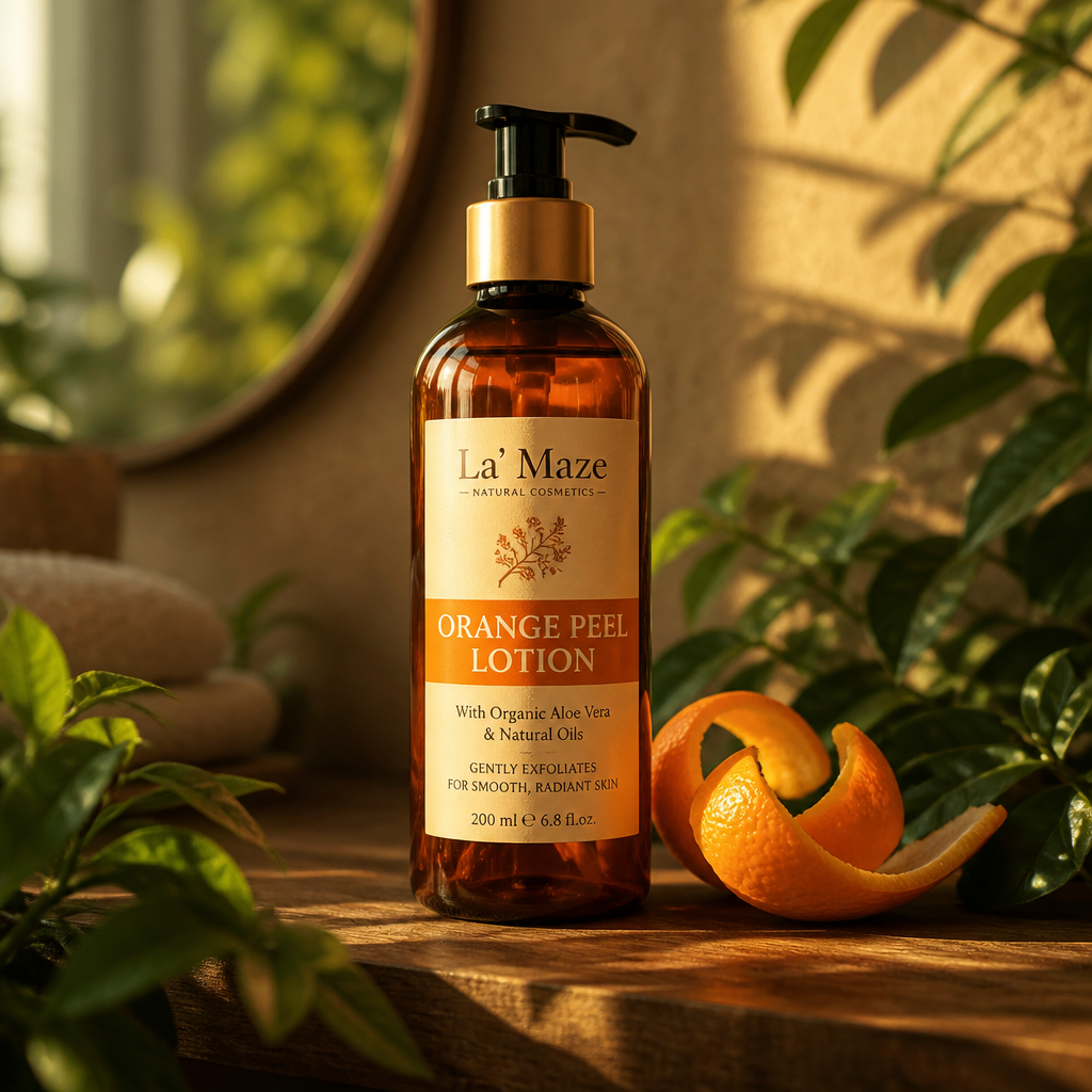 Cinematic lifestyle shot of an amber La'Maze Orange Peel Lotion bottle on a marble vanity surrounded by fresh oranges, eucalyptus leaves, and soft morning light filtering through a sheer curtain