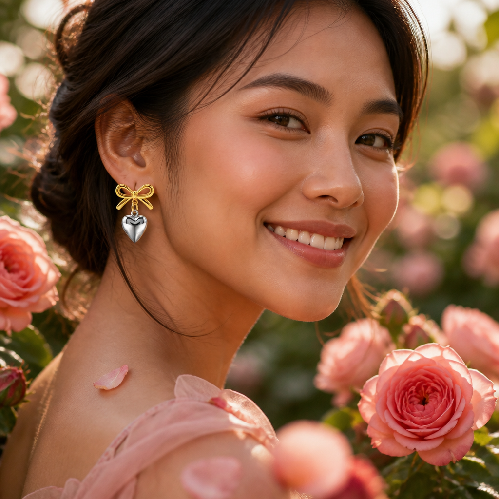 Close-up lifestyle portrait of a smiling Southeast Asian woman wearing gold-and-silver heart earrings in warm natural light with a dreamy rose garden background