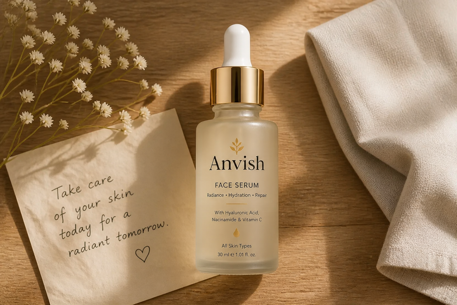 Warm flat lay of an amber Anvish serum bottle on a simple wooden table next to a handwritten note and a folded soft linen towel, soft natural light