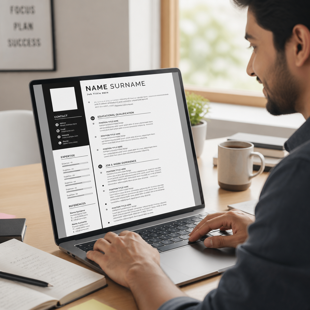 Happy Indian professional smiling while editing a fresh modern resume template on laptop in a bright home office