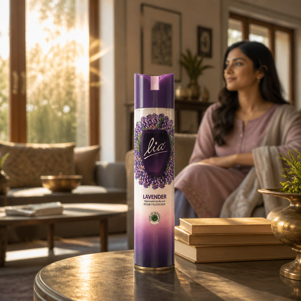 Modern Indian living room bathed in warm sunlight streaming through windows, with a sleek room freshener bottle positioned prominently on a side table, heat waves visible through sun-drenched glass panes creating a summery atmosphere