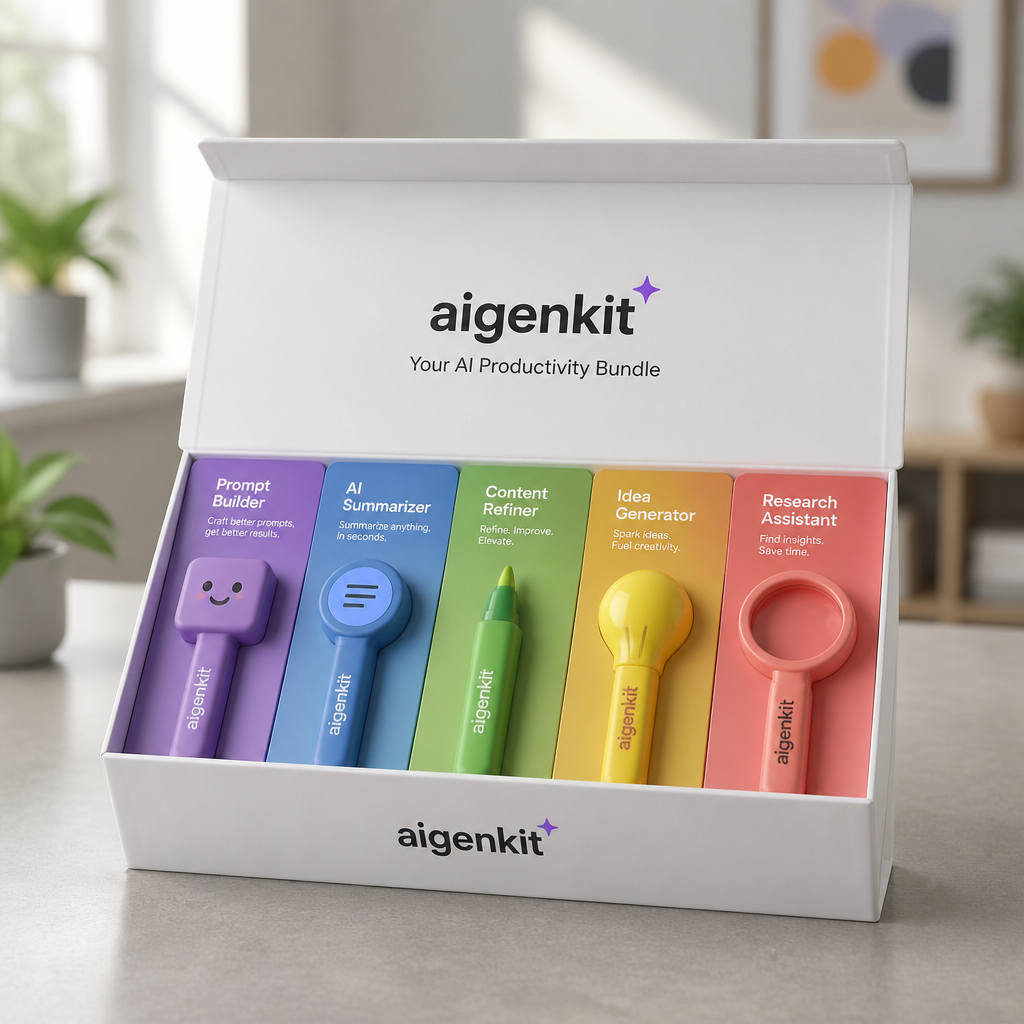 Open AiGenKit bundle with five colorful practical tools peeking from a clean white presentation box