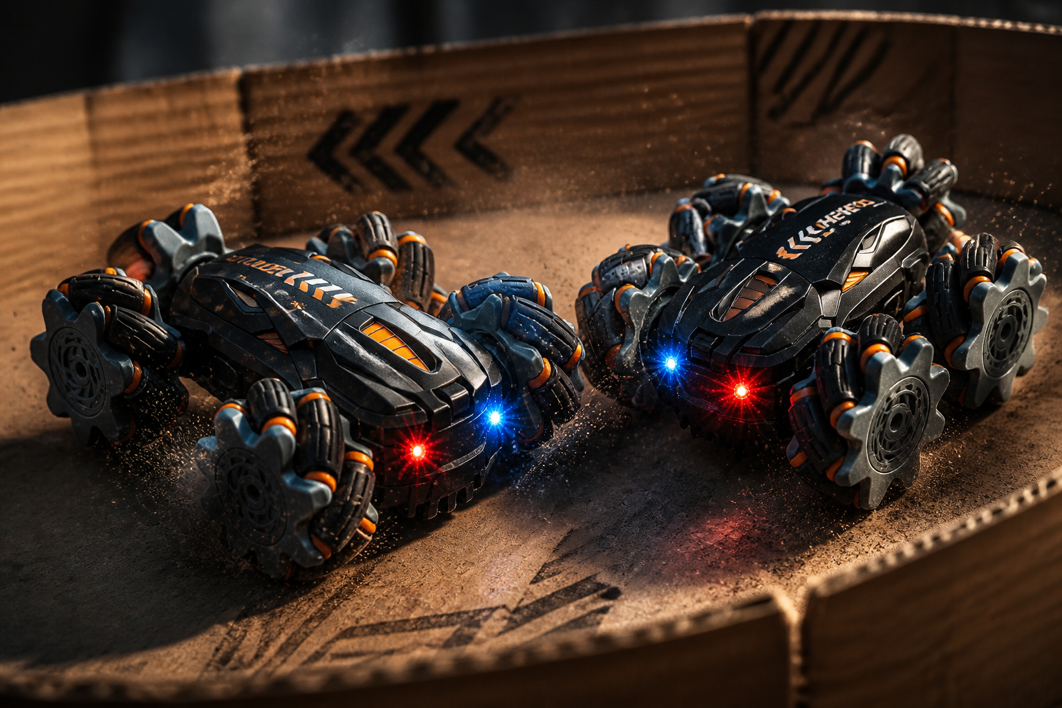 Two GRAPHENE 4X4 stunt cars facing off on a mini cardboard battle arena track, headlights on, dust kicked up, dramatic side lighting