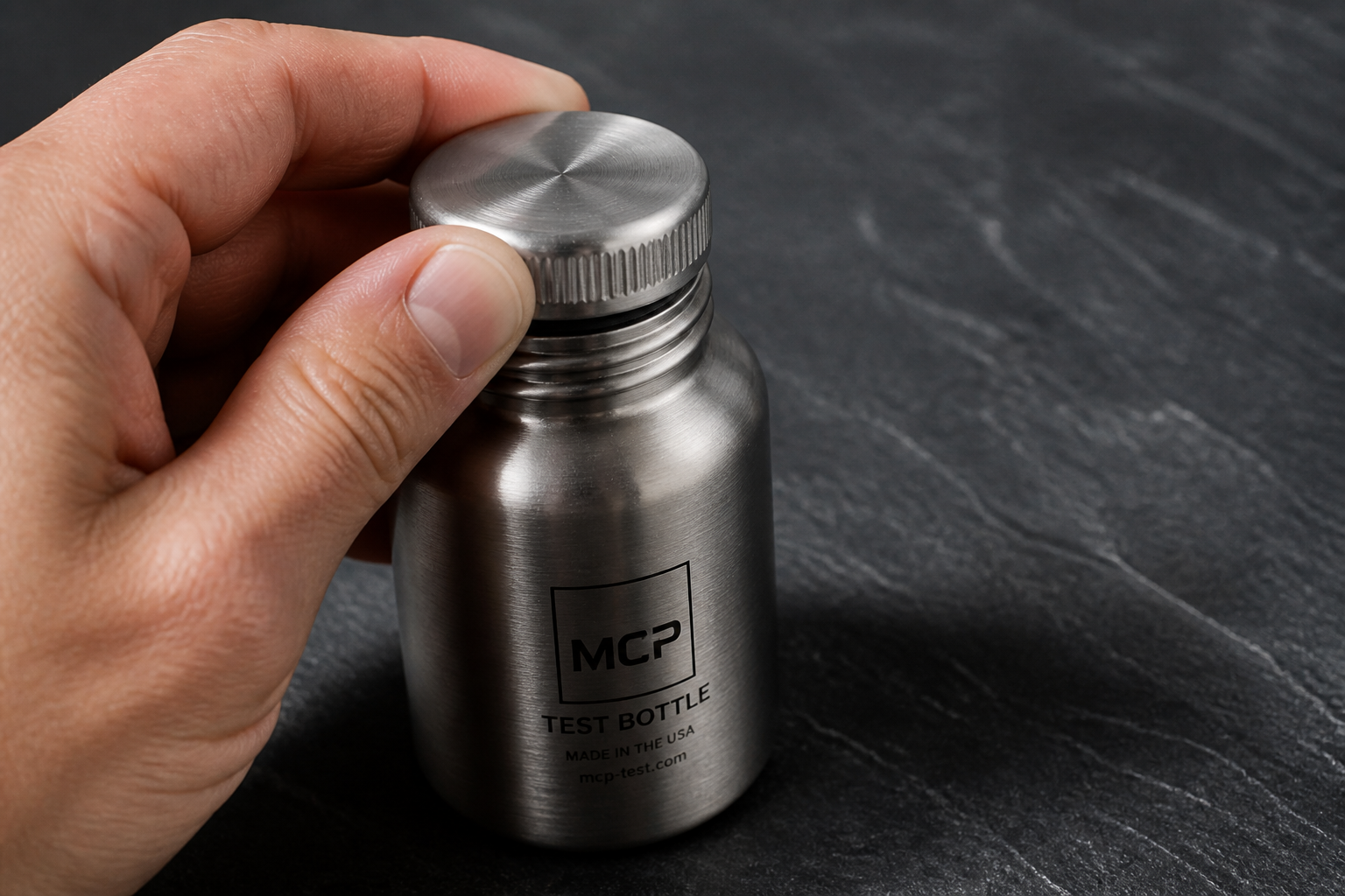 Close-up of a hand twisting the steel cap of a water bottle shut on a dark slate surface, soft directional light highlighting the brushed metal finish