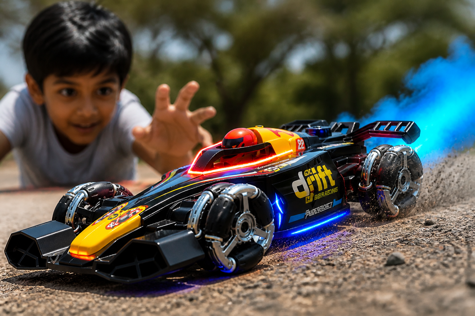 GRAPHENE F1 Double Spray edition in yellow with neon underglow strips blazing on a track