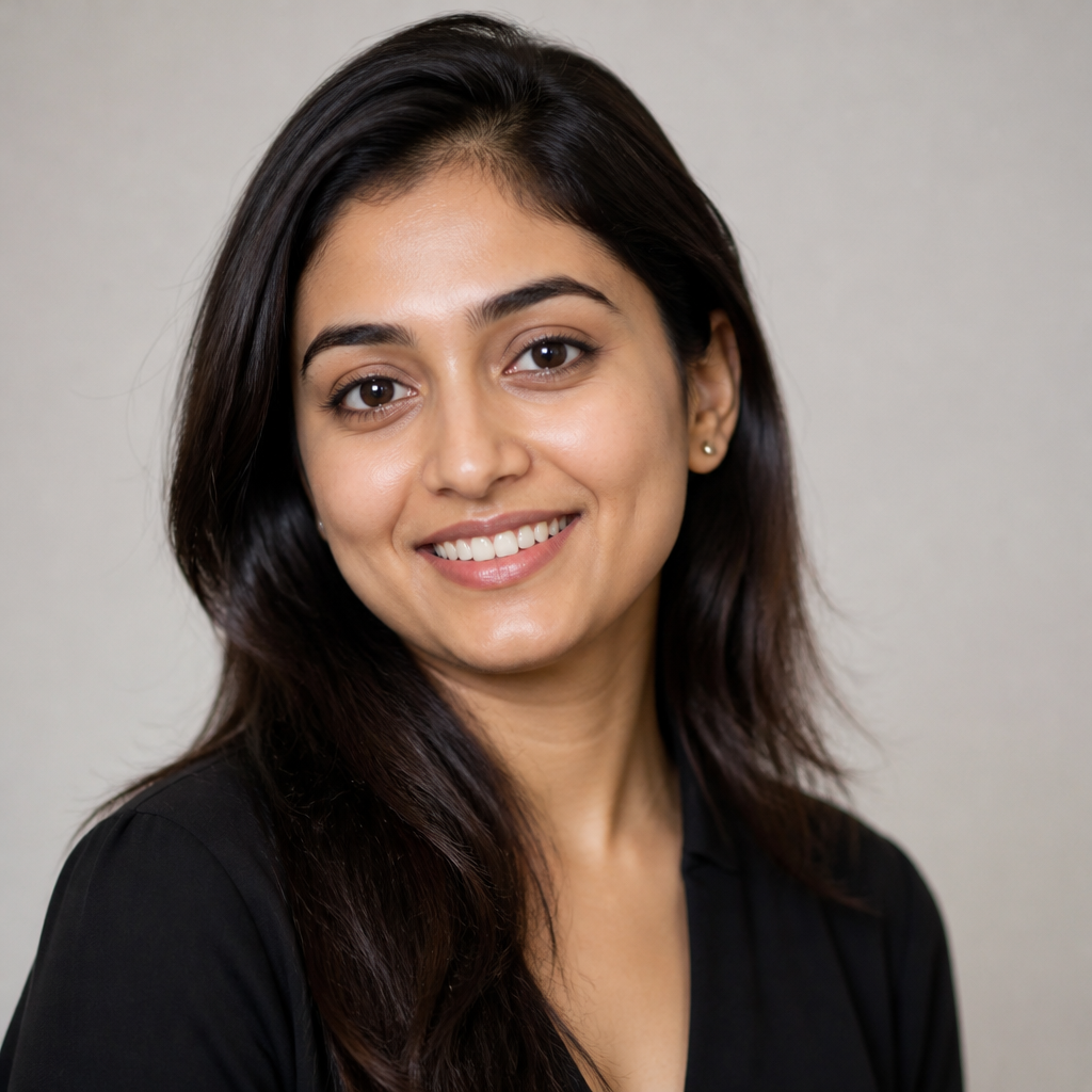 Friendly South Asian woman in her late twenties smiling confidently at camera, soft natural window light, light corporate background, professional headshot portrait style