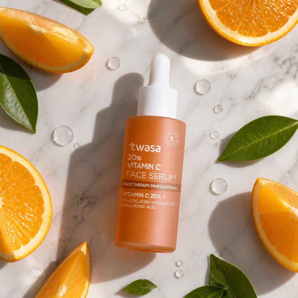 Flat-lay image showing Twasa Vitamin C serum bottle surrounded by fresh orange slices, hyaluronic acid droplets, and green leaves on a clean white marble surface