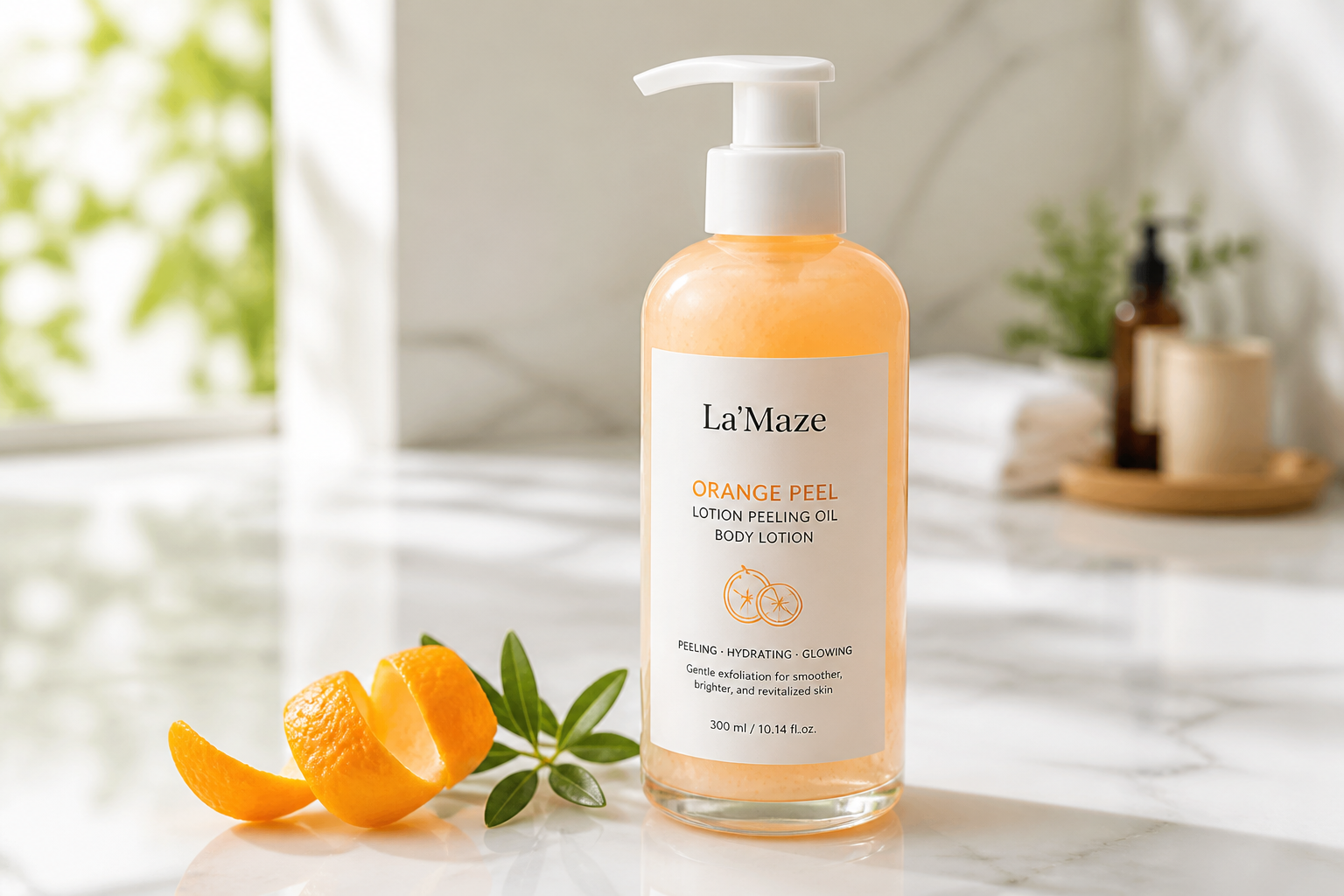 La'Maze orange peel peeling oil bottle displayed with fresh sliced oranges and golden sunlight on a clean white surface, showing the elegant product packaging