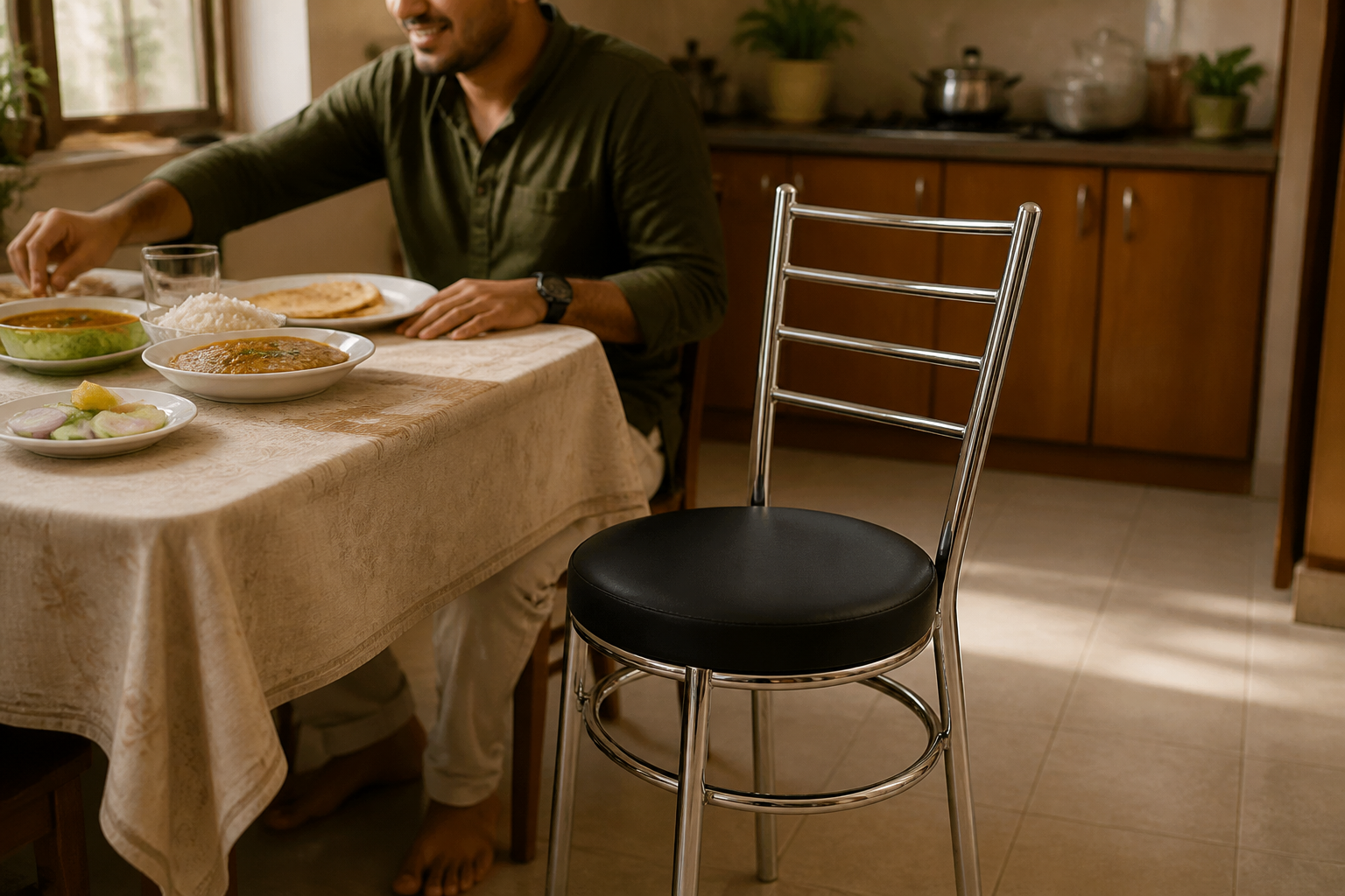 The black chair placed at a family home dining table with plates and warm meal setting in a domestic kitchen background.