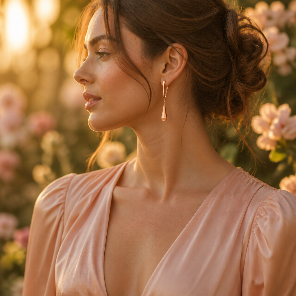 Woman wearing rose gold Lumen Hooks with a blush silk dress at golden hour in a soft romantic lifestyle photography scene