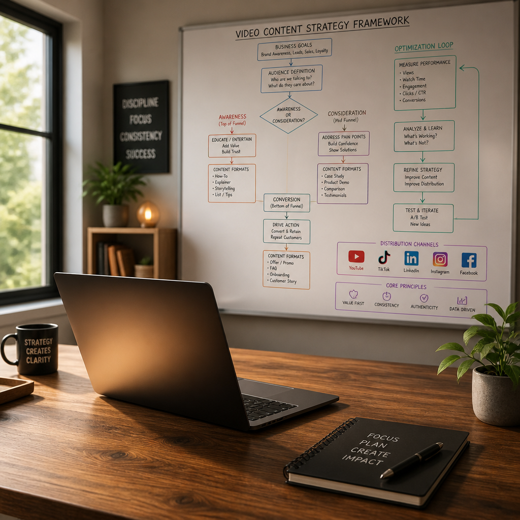 Detailed flowchart showing video content strategy framework with branching decision trees and optimization paths