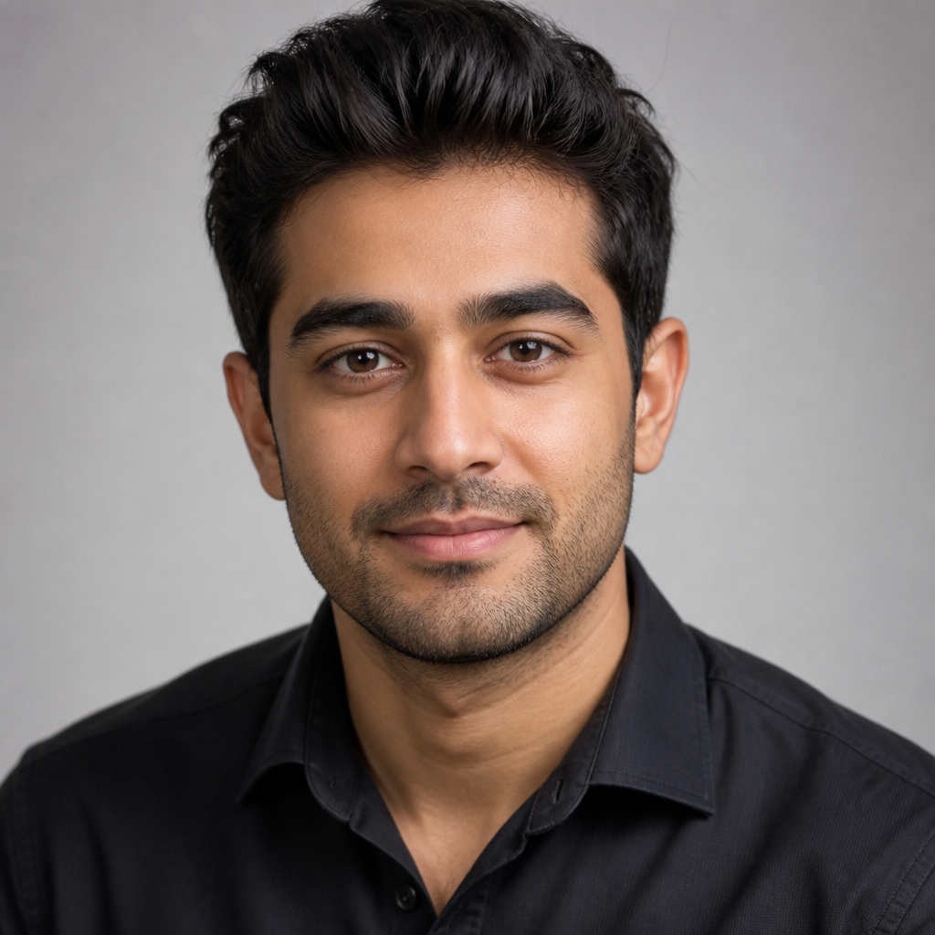 Portrait of a smiling young South Asian man with short dark hair, casual shirt, warm afternoon sunlight, shallow depth of field, neutral background