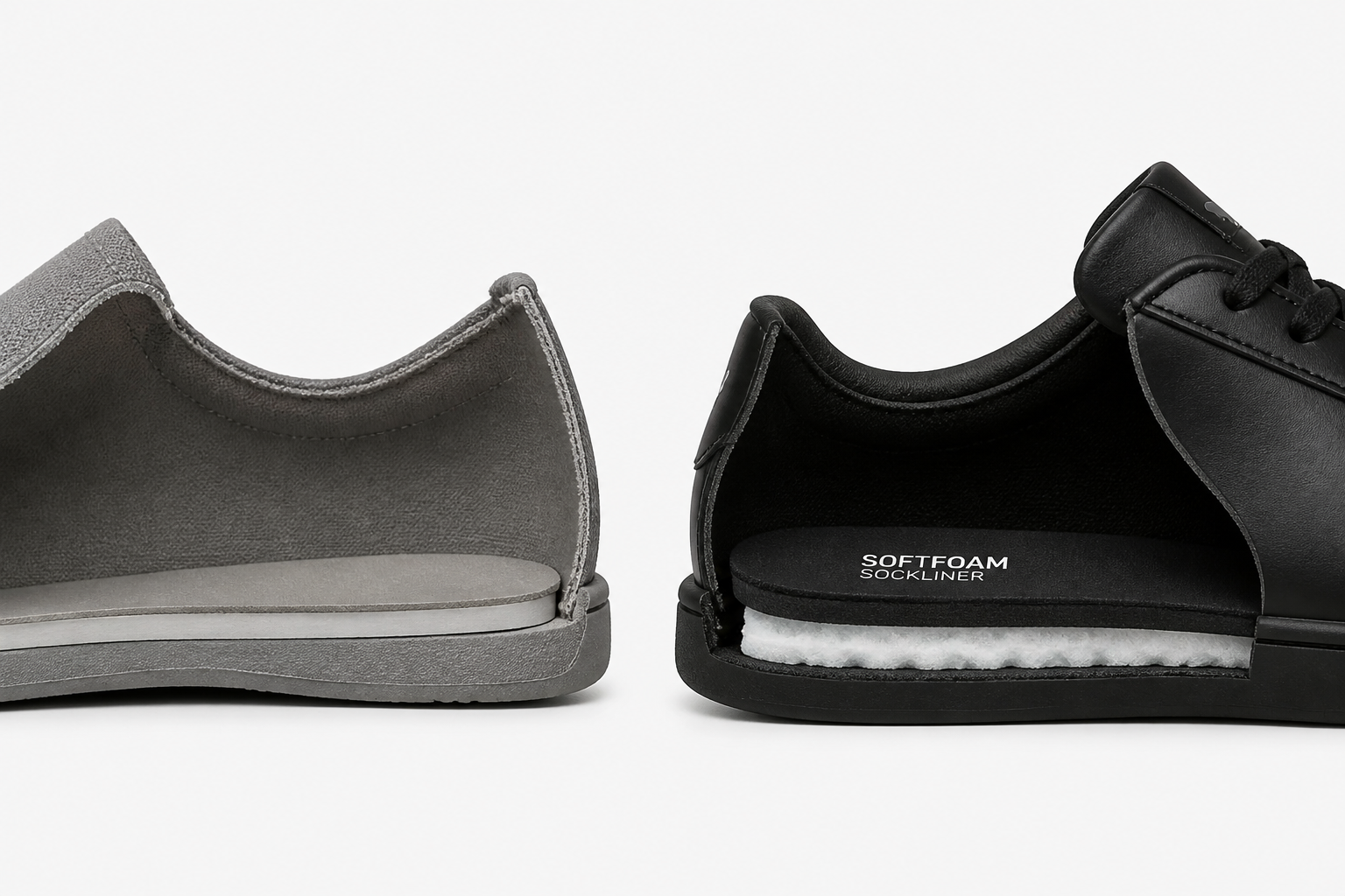 Comparison showing Softfoam sockliner technology versus regular shoe insoles in cross-section view