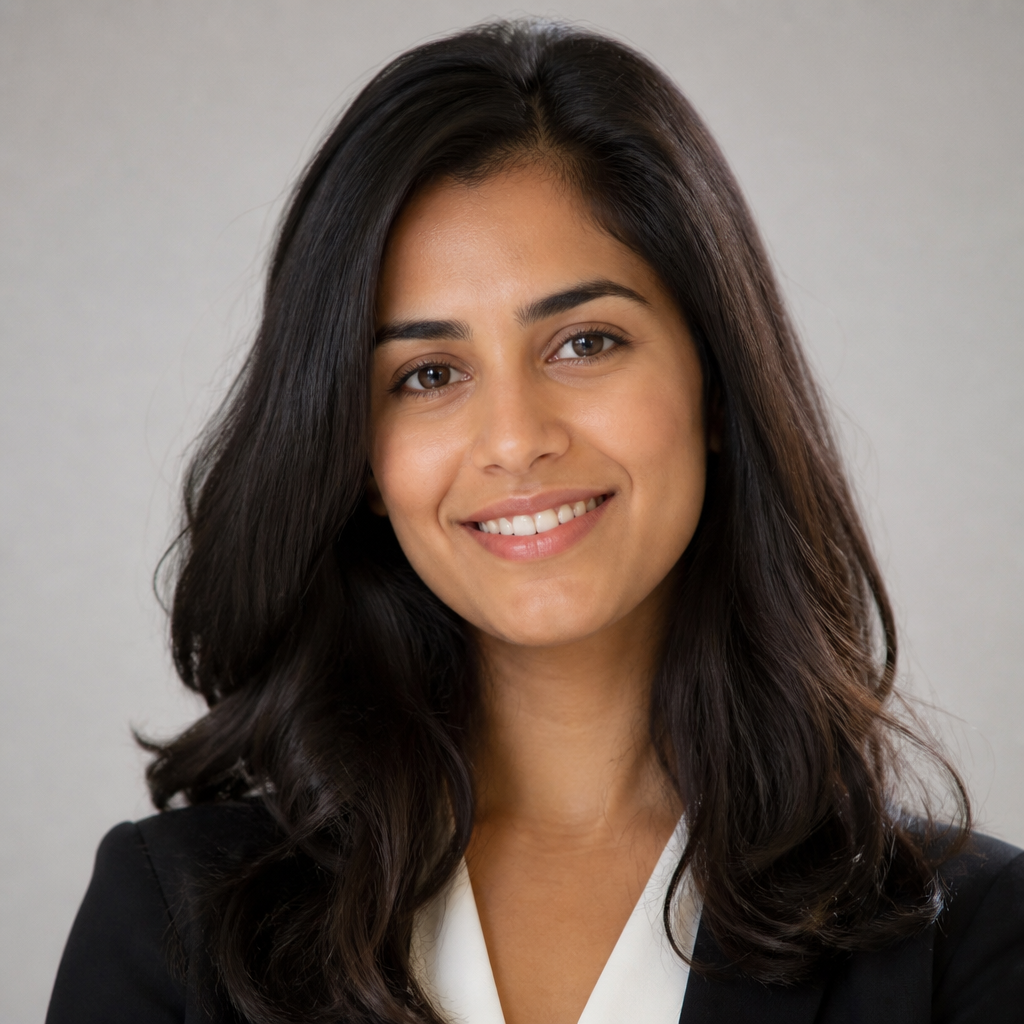 Warm portrait of a young South Asian woman with long dark hair and a gentle smile, soft golden hour lighting, cozy indoor setting, relaxed approachable expression