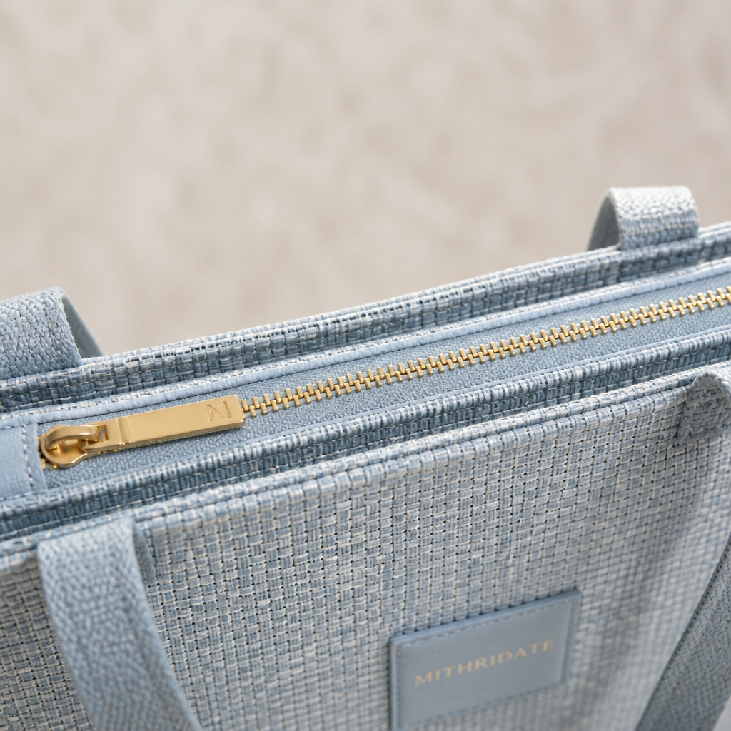 Close-up detail of the smooth top-zip closure of the woven tote, demonstrating security and premium finish on neutral background