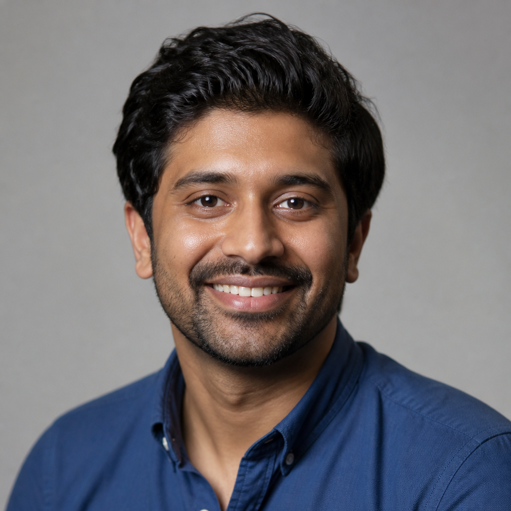 Friendly close-up headshot of a young Indian man with neatly trimmed dark hair and a warm smile, neutral blurred background, soft window light