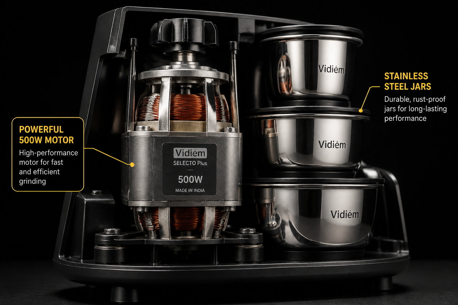 Editorial under-the-hood photograph of the Selecto Plus motor base with stainless steel jars stacked beside it, yellow accent labels pointing to the 500W motor and steel jars on a black background