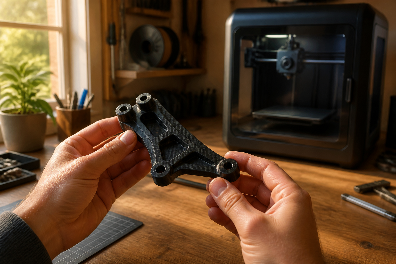 A small studio scene with a person holding a freshly printed carbon-fiber reinforced bracket that was printed on the Bambu Printer, warm window light, focused workbench