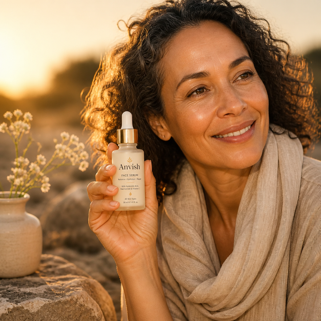 Square portrait of a smiling mixed-heritage woman in her 50s with radiant, healthy glowing skin outdoors at golden hour, wearing a linen scarf