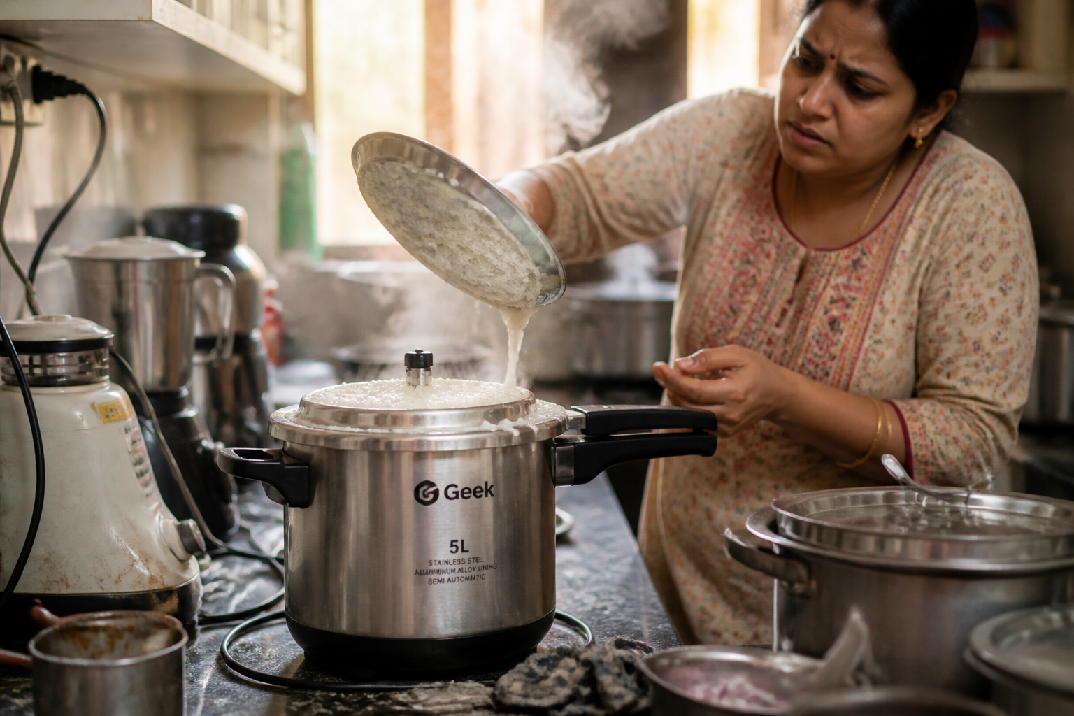 Cluttered Indian kitchen counter with multiple old appliances, tangled cords, steam escaping from pots, and a stressed homemaker checking on overboiling rice while morning chaos fills the space