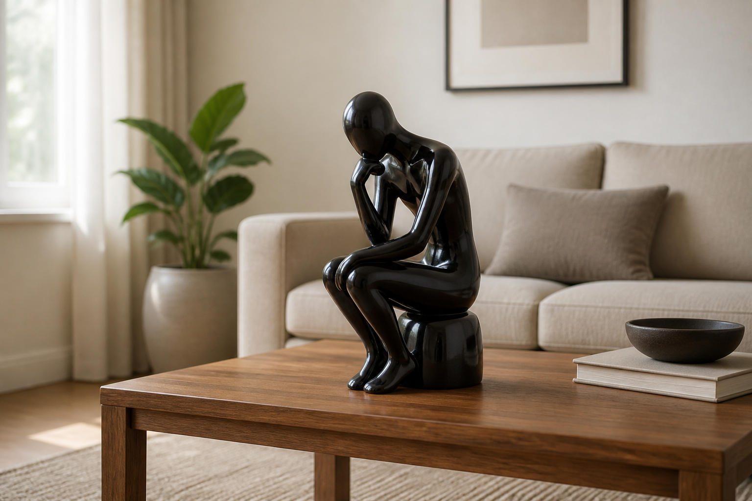A standard uninspired living room with generic beige furniture, standard wall art, and a coffee table without any distinctive character or focal point
