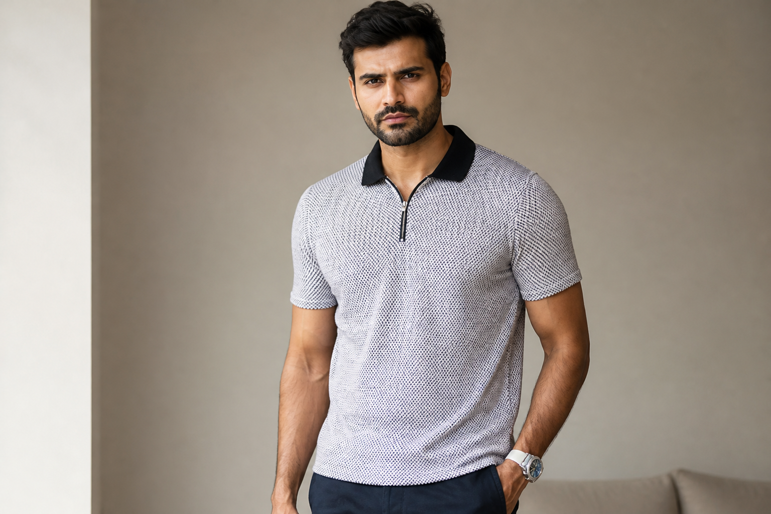 Flat-lay product photograph of size 2XL polo with multicolour geometric pattern, neatly arranged on a warm cream cotton backdrop, soft studio lighting