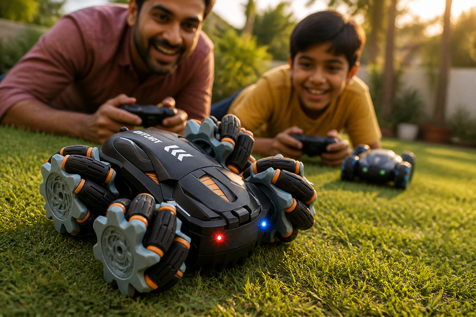 Indian father and child racing drift RC cars together in a backyard garden with green grass, evening sunlight