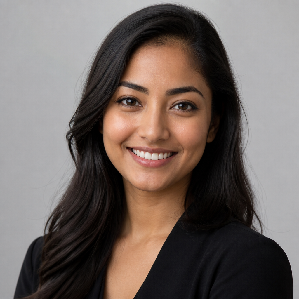Friendly close-up portrait of a young South Indian woman with shoulder-length dark hair and gentle expression, natural daylight window light, soft beige background, editorial headshot