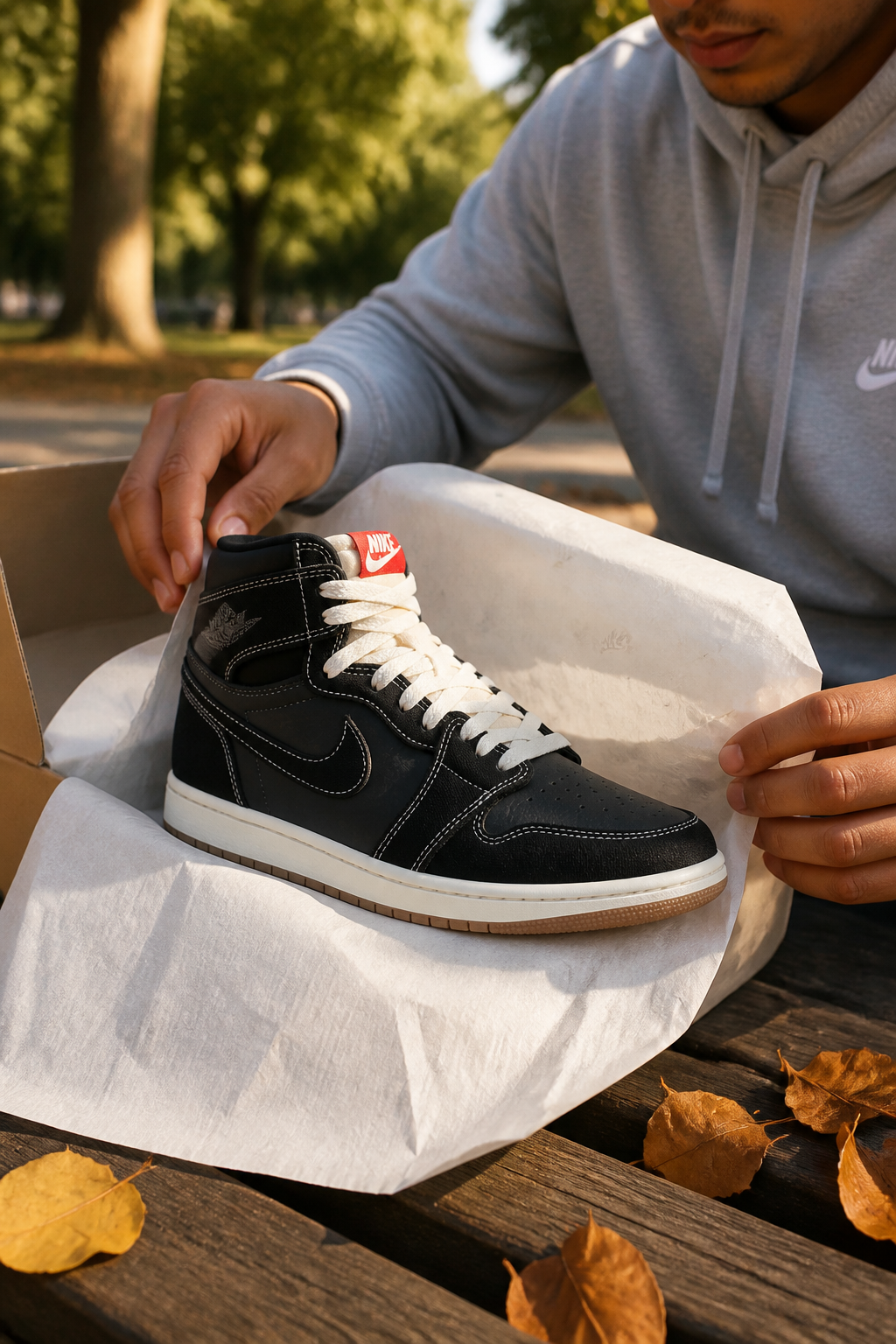 Lifestyle photo of a sneakerhead unboxing the Nike Total 90 Premium on a wooden bench in the park